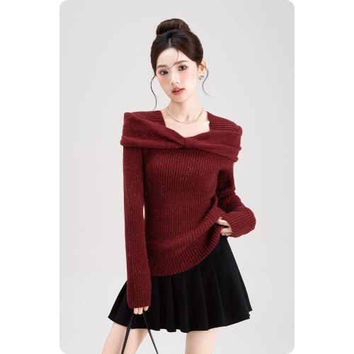 蝴蝶結翻領紅色短毛衣女2026春秋新款修身顯瘦細閃長袖內搭打底衫