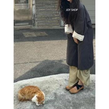 慵懶翻領休閑深灰色中長款大衣