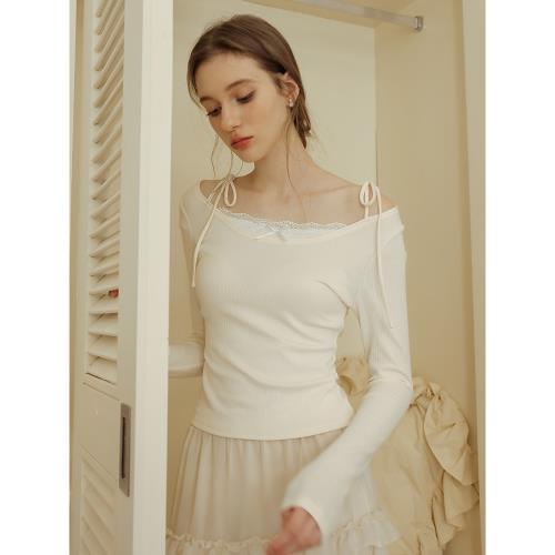 ISISLOVE別致綁帶設計兩穿一字肩打底衫蕾絲邊圓領T恤女長袖上衣