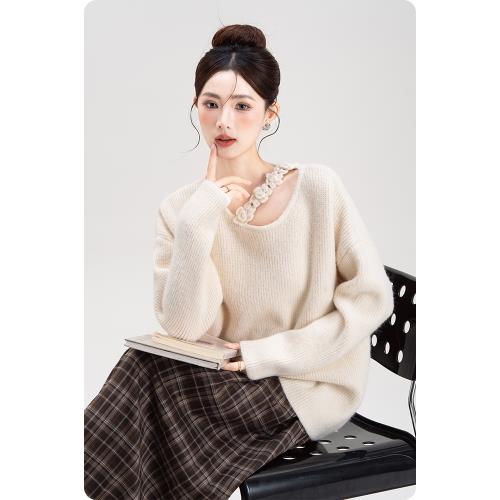 手工鉤花立體花朵寬松毛衣女秋冬慵懶風小個子顯瘦百搭針織衫上衣