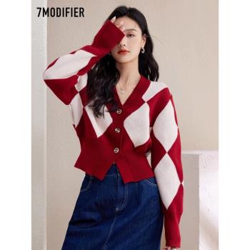 拉夏貝爾7M春季輕熟風毛衣外套女春季季收腰短款上衣復古針織開衫