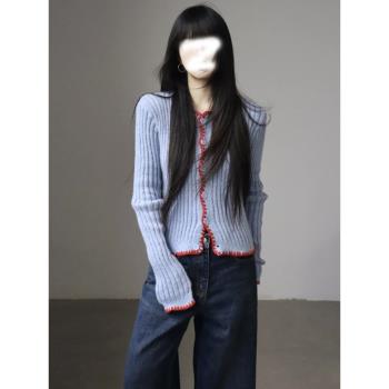 高階感藍色毛衣外套女士深秋初冬穿搭小香風打底針織開衫顯瘦上衣