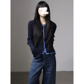 春季深藍色針織開衫外套女士高階感秋冬打底毛衣時尚顯瘦內搭上衣