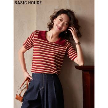 Basic House/百家好薄款撞色短袖女2025夏季新款正肩冰絲針織衫