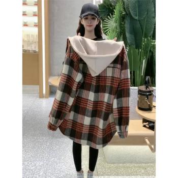 加絨磨毛格子襯衫女連帽外套秋冬小眾中長款寬松休閑襯衣加厚上衣