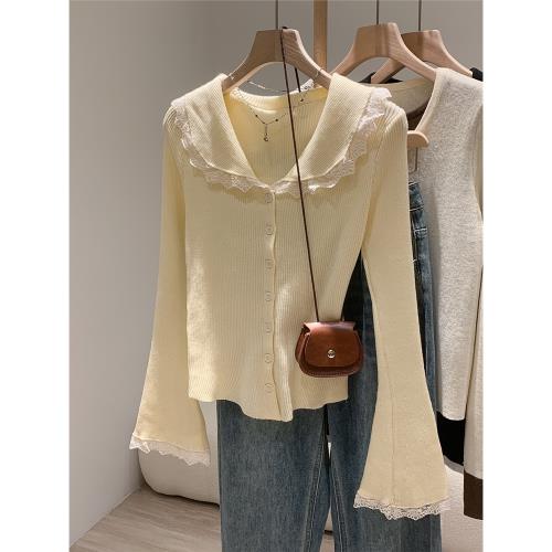 杏色娃娃領純欲蕾絲花邊拼接針織開衫女春秋2025修身顯瘦軟糯上衣