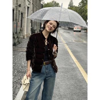 真絲絲絨白鴨絨羽絨服輕薄款立領新中式復古中國風短款金絲絨外套