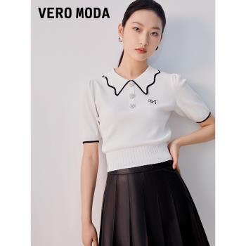 Vero Moda奧萊針織短袖女夏季新款翻領泡泡袖短款甜美上衣百搭