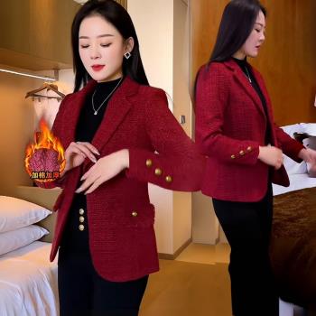 高檔小香風春秋紅色西裝女2025新款本命年小個子春季短款上衣外套