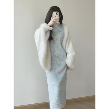 汀玥苓旗袍2025新款新中式藍色加絨秋冬長袖今年流行高階修身少女