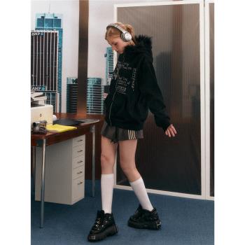 EZEK美式復古字母印花毛領連帽棉服女秋冬新款寬松黑色拉鏈外套