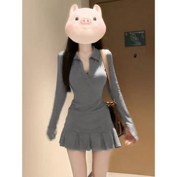 小個子灰色polo連衣裙子女春裝2025新款千金風miu系穿搭短裙套裝