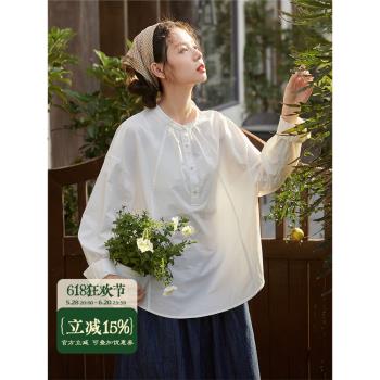 邊縫原創日系休閑白色長袖襯衫女春季寬松百搭純棉上衣襯衣早春