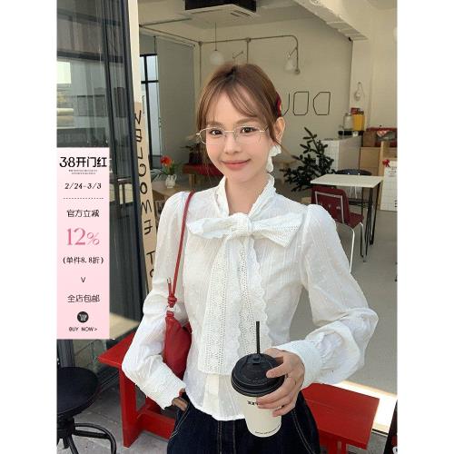 宋正恩法式白色蝴蝶結襯衫女秋季提花綁繩修身設計感襯衣內搭上衣
