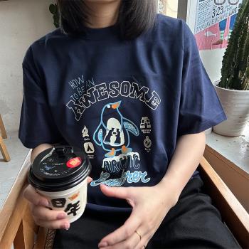 重磅藏藍小企鵝酷甜短袖休閑卡通