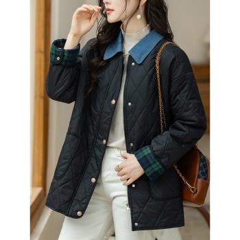 九月陌墨2024年冬季新款假兩件翻領襯衫式絎縫棉服外套寬松黑色女