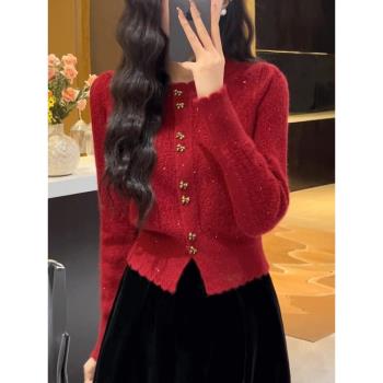歐洲站紅色毛衣外套女秋冬2025新款爆款羊絨針織開衫外搭短款上衣