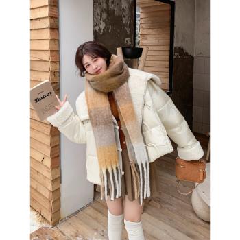 白色pu皮拼接羊羔毛立領白鴨絨羽絨服女冬新款小個子短款加厚外套