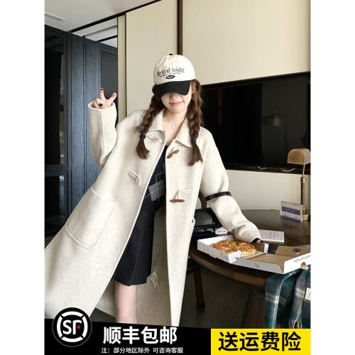 中戲甜美牛角扣羊毛雙面呢子大衣女冬新款長過膝寬松加厚毛呢外套