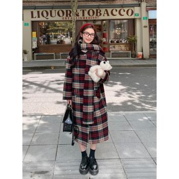 紅色格子女冬過膝寬松雙面呢大衣