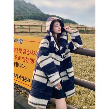 寬松撞色白鴨絨羽絨內膽呢大衣女冬新款中長款小個子加厚毛呢外套