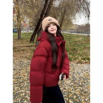 本命新年紅蝴蝶結白鴨絨羽絨服女冬新款小個子甜美減齡加厚短外套