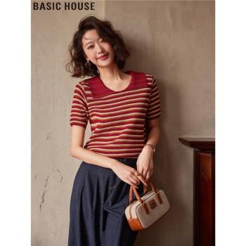 Basic House/百家好時髦條紋撞色薄款冰絲短袖針織衫女2025夏新款