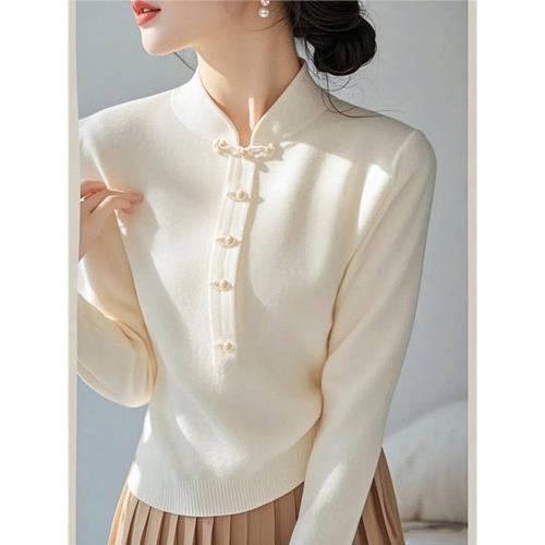 新中式輕國風半高領毛衣打底衫女內搭洋氣春秋冬季盤口針織衫上衣