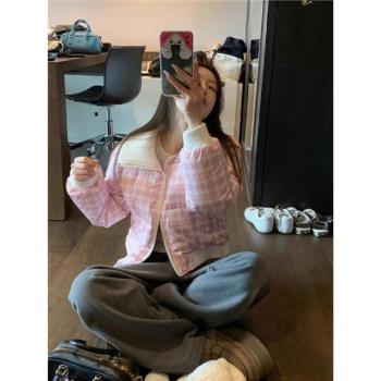 小個子減齡粉格紋翻領羽絨棉服女秋季新款設計感氣質短款棉衣外套