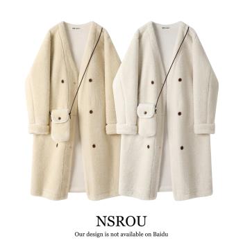 NSROU韓系氣質溫柔皮毛一體大衣外套女冬季中長款加厚羊羔絨風衣