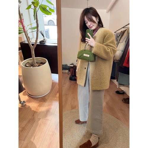 韓系簡約氣質小個子呢子大衣女冬季高級感復古寬松羊羔絨毛呢外套
