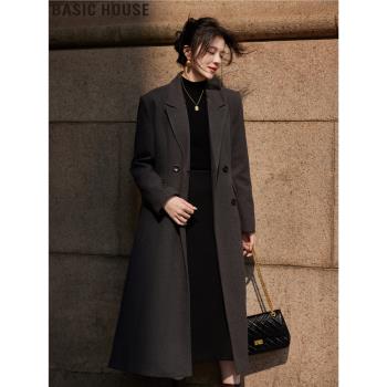Basic House/百家好英倫風灰色西裝領風衣中長款毛呢外套女春秋季