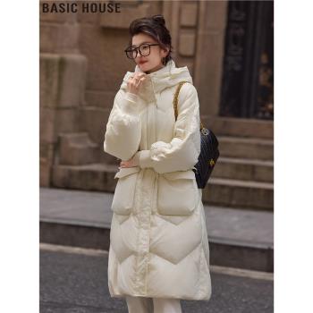 Basic House/百家好安靜的白中長款90白鴨絨羽絨服女2024冬季新款