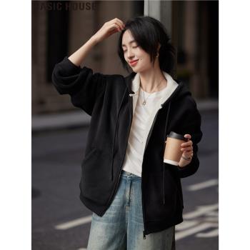 Basic House/百家好自在有型加絨連帽開衫衛衣外套女2025春季新款