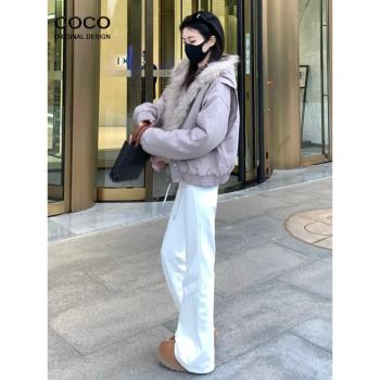 白色加絨修身微喇休閑褲女2024秋冬高腰慵懶風bf馬蹄喇叭褲子