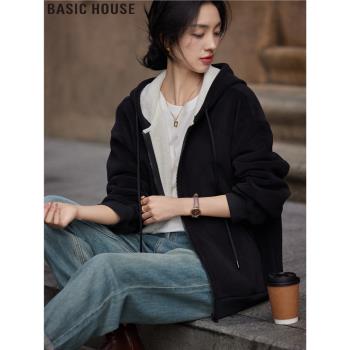 Basic House/百家好精簡衣櫥加絨黑色連帽衛衣外套女2025春季新款