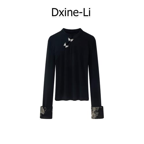 DXINE 2025春秋季新款蝴蝶盤扣刺繡長袖上衣新中式黑色打底衫女裝