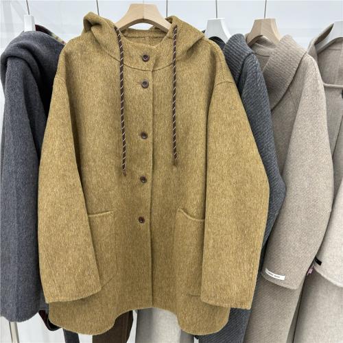 歐洲站2025新款連帽韓系百搭中長款雙面羊絨大衣寬松簡約羊毛外套