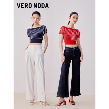 Vero Moda奧萊針織短袖女夏季清倉修身短款條紋航海風氣質上衣