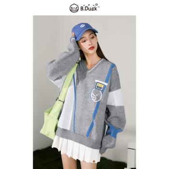 B.Duck小黃鴨毛衣女年秋冬新款寬松北極絨雪尼爾拼接提花毛衫