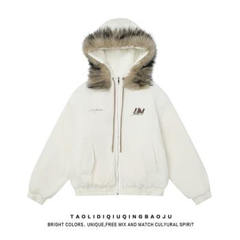 可拆卸毛領連帽棉服外套女2025新款冬季美式情侶寬松加厚保暖棉衣