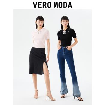 Vero Moda奧萊針織短袖女夏季清倉新中式翻領修身百搭氣質上衣