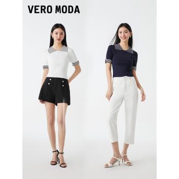 Vero Moda奧萊針織短袖女夏季清倉法式小香風條紋修身上衣百搭