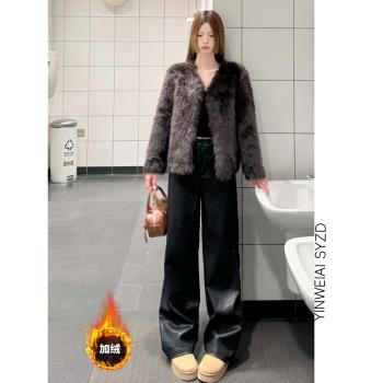 高個子加長復古黑色加絨皮褲女2024秋冬新款百搭顯瘦直筒拖地長褲