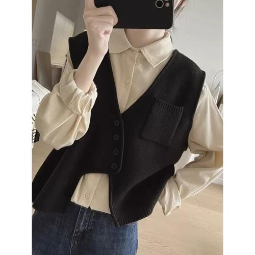 小眾設計感純色v領不規則羊毛衫馬夾外套女秋冬季顯瘦無袖針織衫