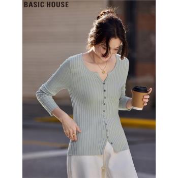 Basic House/百家好小香風修身顯瘦美拉藍穿搭V領針織開衫女春季