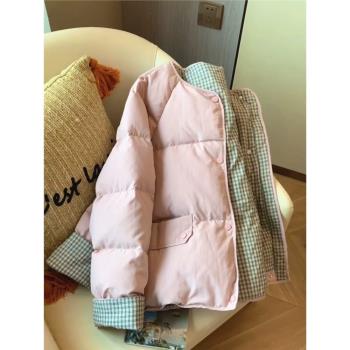 圓領短款羽絨棉服女冬季大碼微胖mm寬松多巴胺甜美粉色麵包服外套