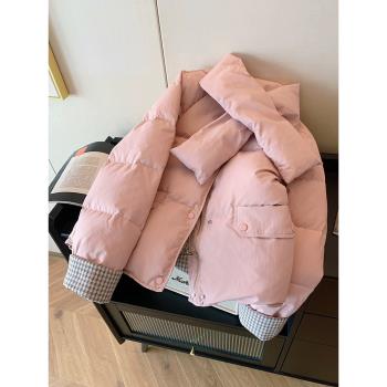 粉色圓領羽絨棉服外套女冬季大碼胖mm高階加厚麵包服格紋拼接棉衣