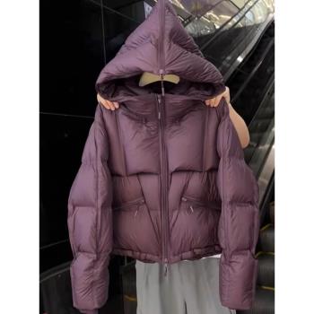 醬紫色短款連帽拉鏈棉服外套女冬季韓系小個子輕薄保暖麵包服上衣