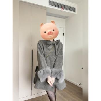 大衣女款2025新款冬季法式氣質蝴蝶結真狐貍毛袖灰色雙面呢子外套